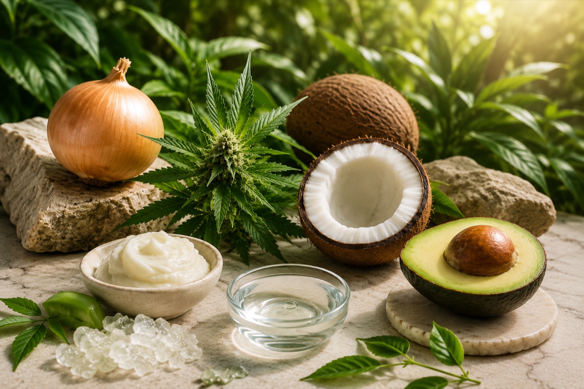 Ingredientes naturales: cebolla, cannabis, coco, aguacate, colágeno
